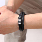 Layered Braided Black Leather Stainless Steel Magnetic Clasp Bracelet For Men