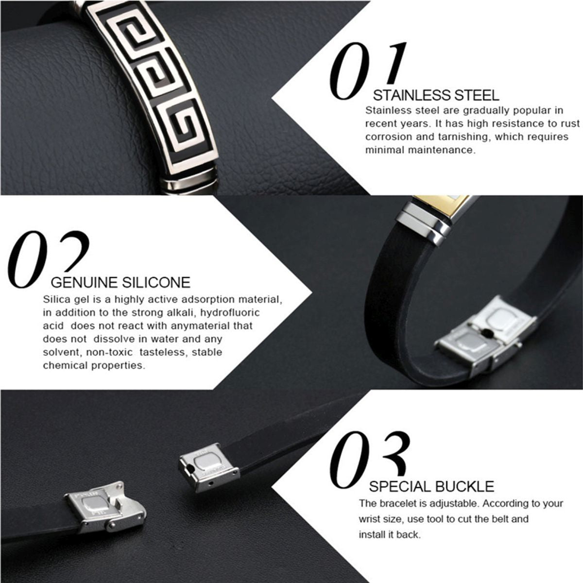 Silver Black Rubber Silicone Stainless Steel Wristband Bracelet Bulk