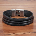 Triple Layer Black Leather Wrist Wrap Band Bracelet For Men Bulk