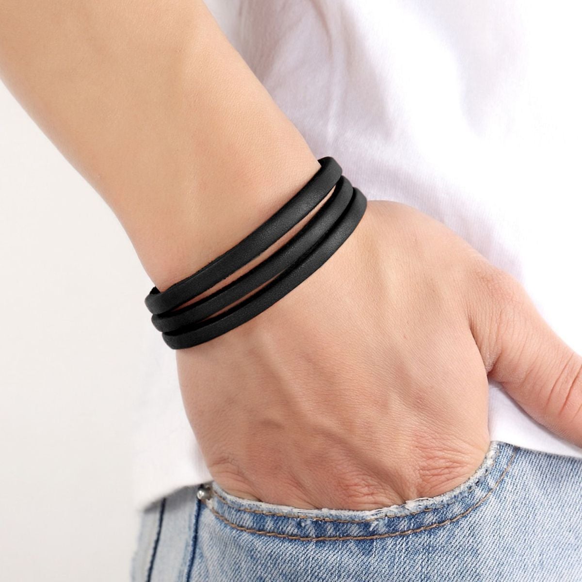 Triple Layer Black Leather Wrist Wrap Band Bracelet For Men Bulk