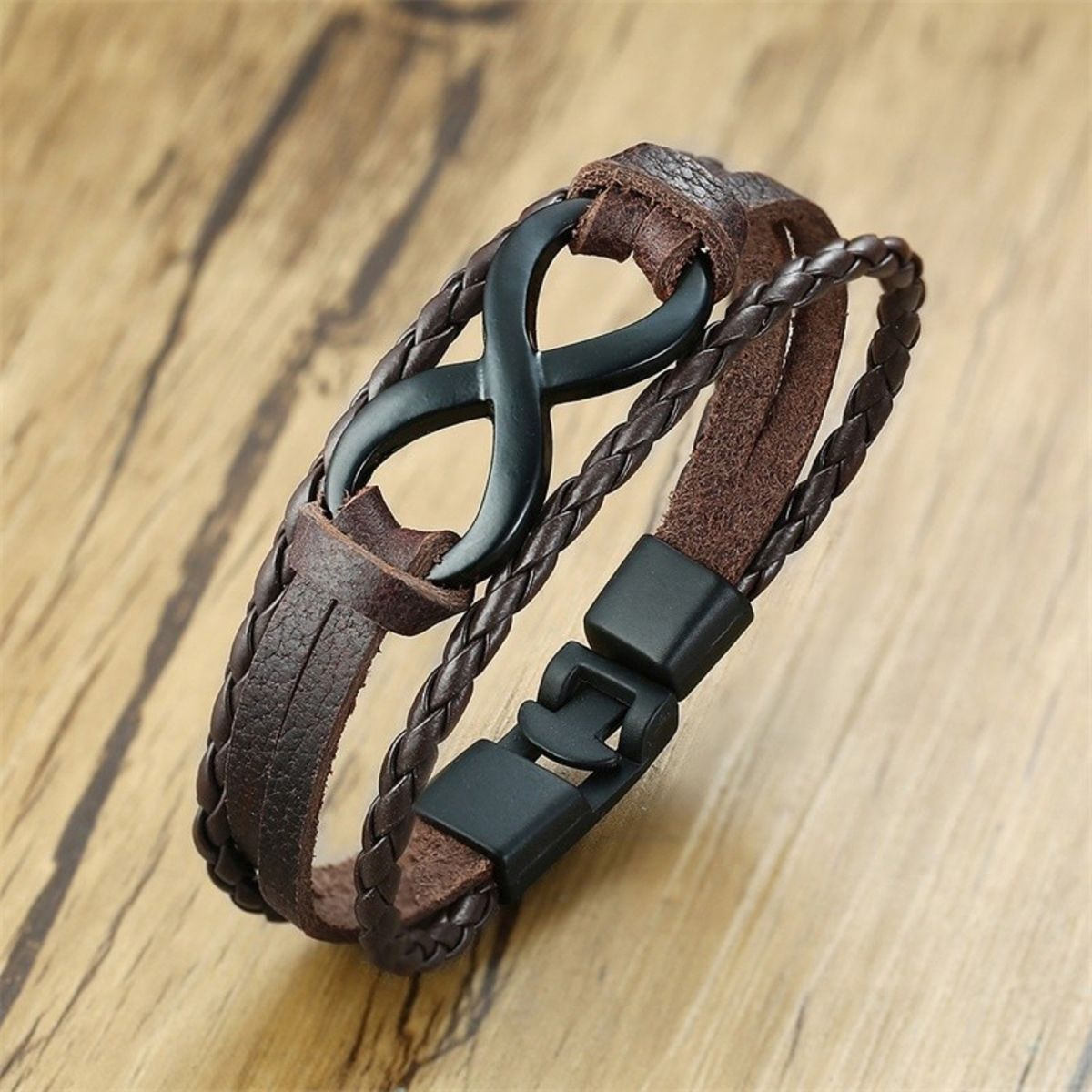 Layer Black Infinity Charms Braided Leather Wrist Band Strand Bracelet Main image