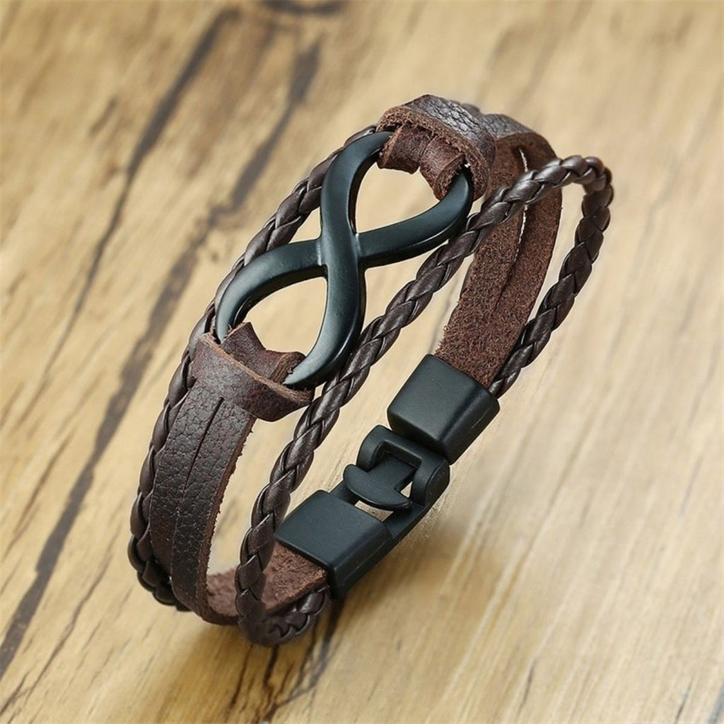 Layer Black Infinity Charms Braided Leather Wrist Band Strand Bracelet