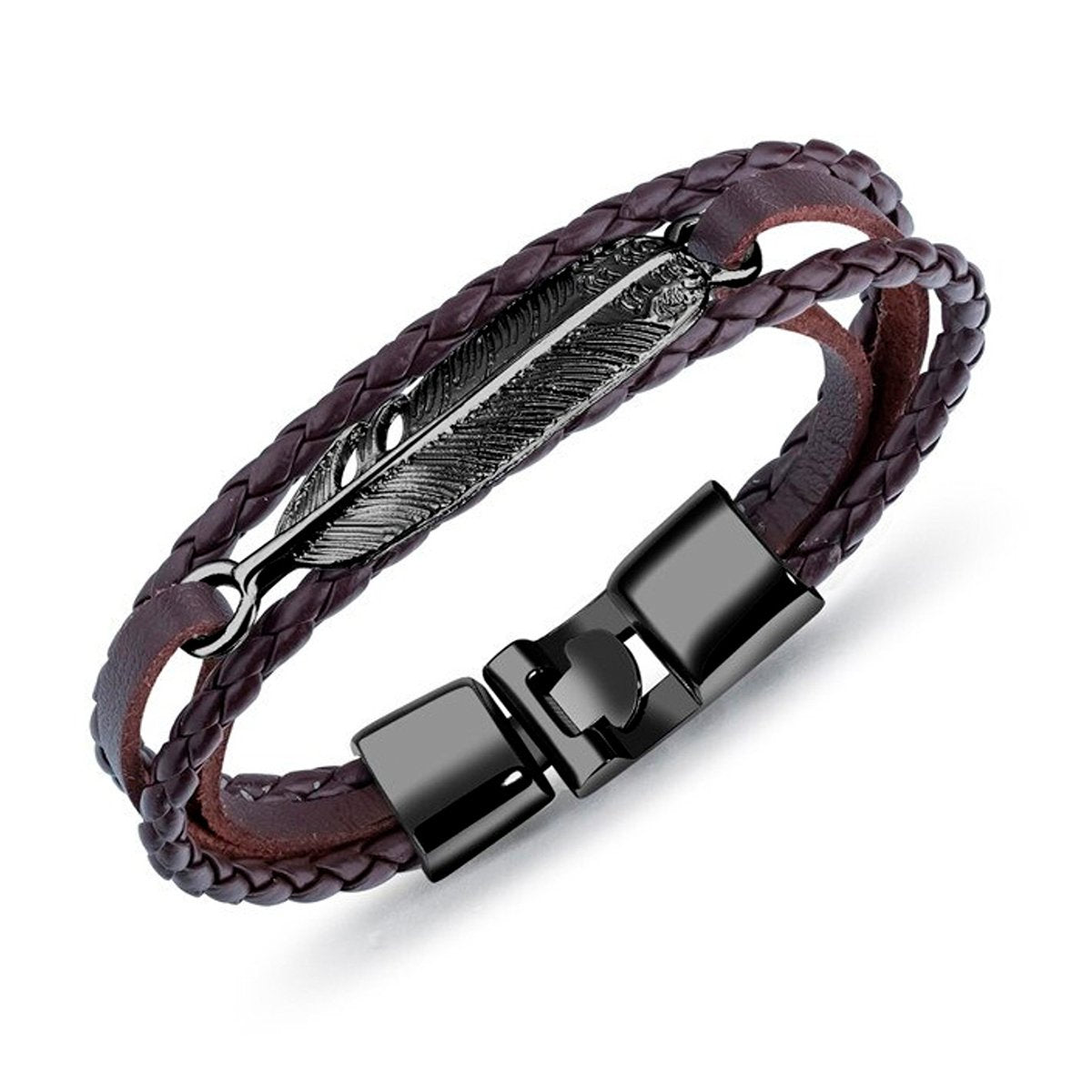 Layered Black Leaf Charms Braided Leather Wrist Band Strand Bracelet Main image