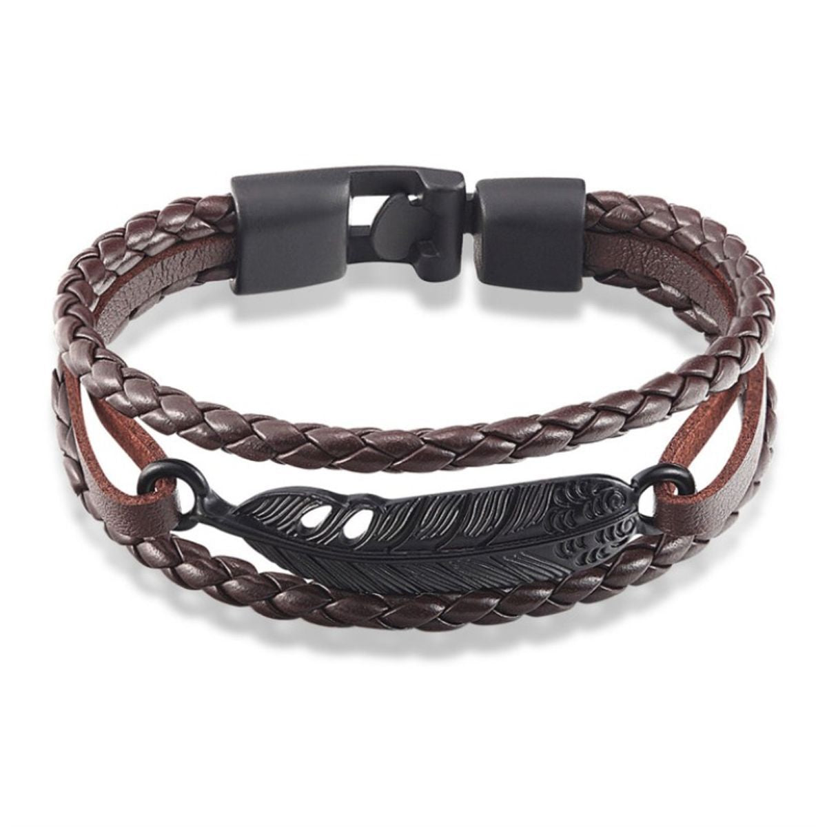 Layered Black Leaf Charms Braided Leather Wrist Band Strand Bracelet Secondary image