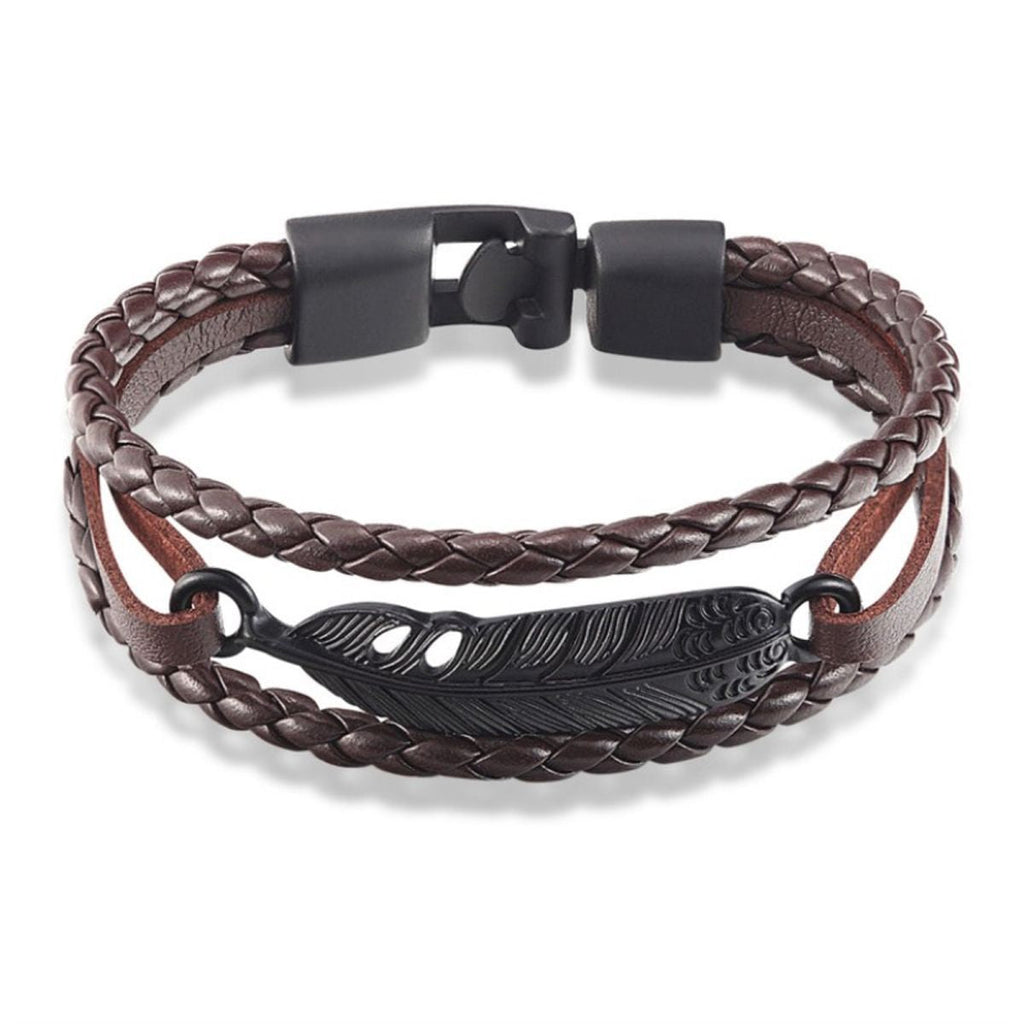 Layered Black Leaf Charms Braided Leather Wrist Band Strand Bracelet