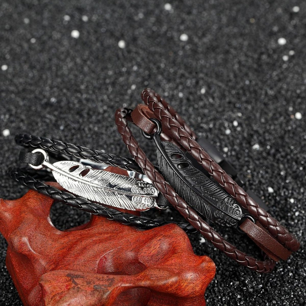 Layered Black Leaf Charms Braided Leather Wrist Band Strand Bracelet