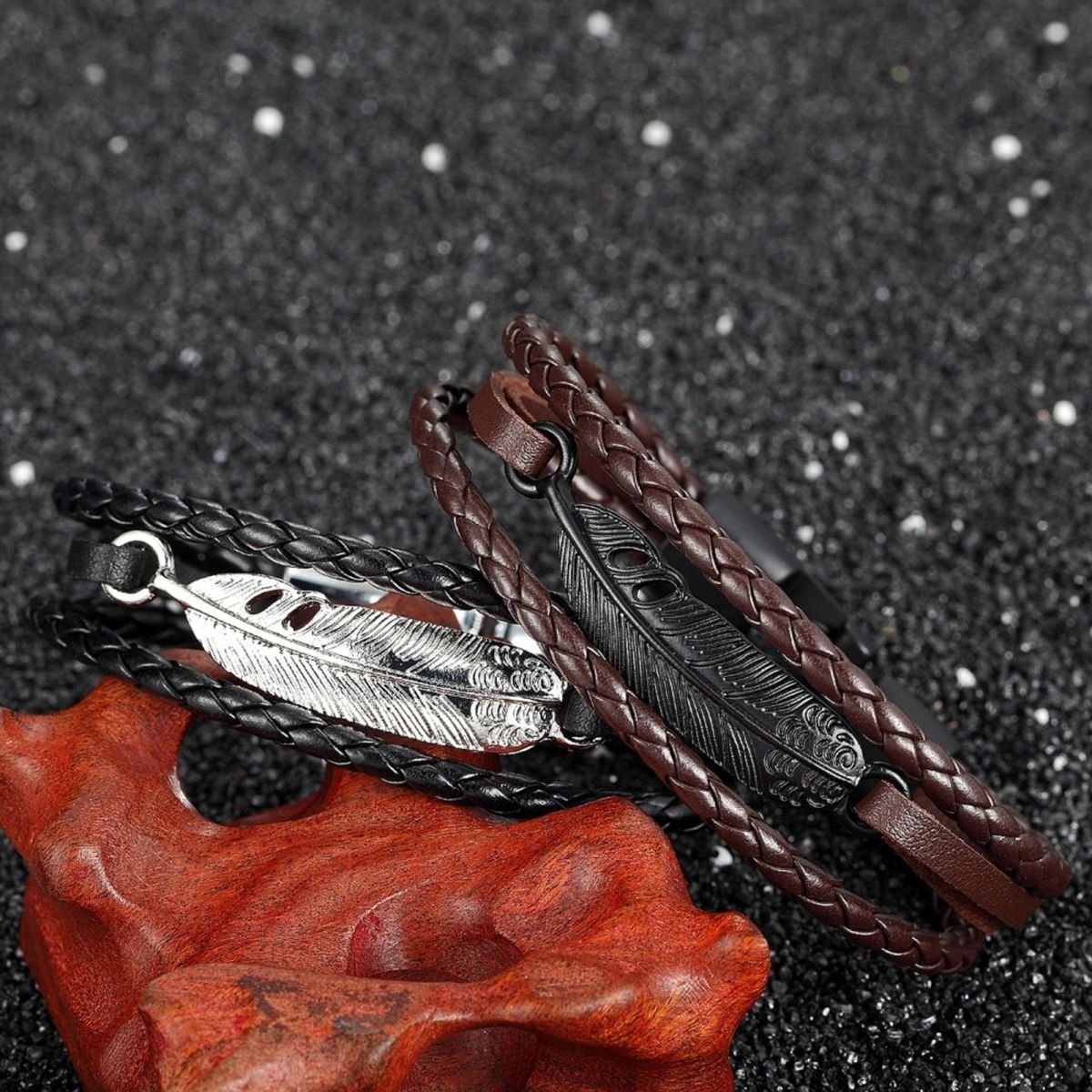 Layered Black Leaf Charms Braided Leather Wrist Band Strand Bracelet