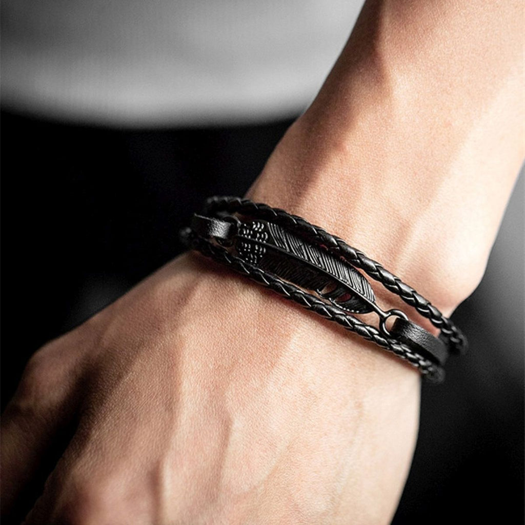 Layered Black Leaf Charms Braided Leather Wrist Band Strand Bracelet