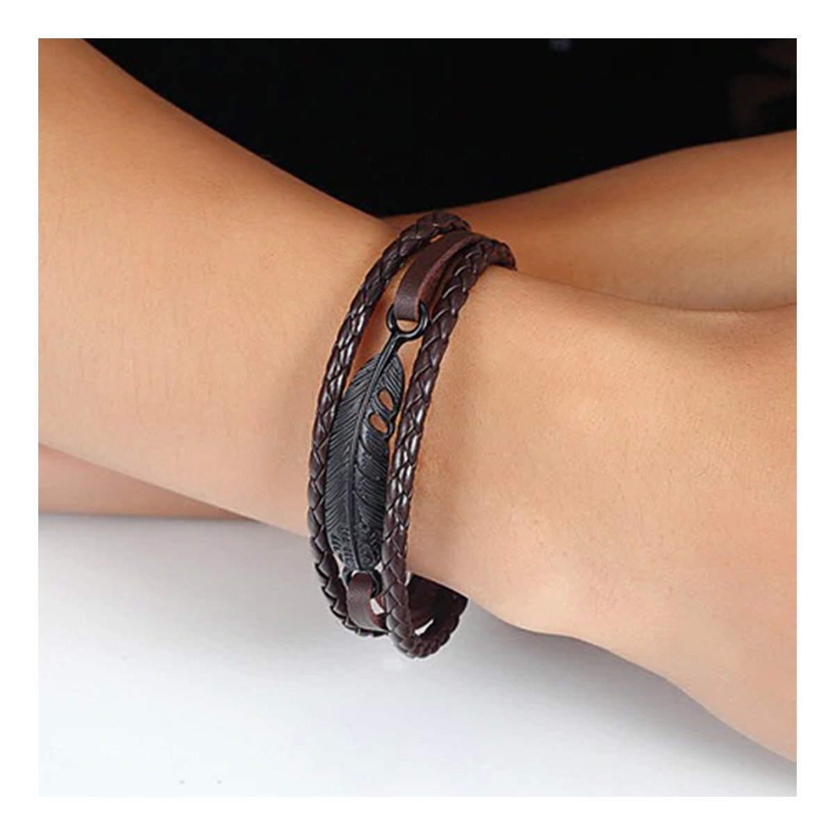 Layered Black Leaf Charms Braided Leather Wrist Band Strand Bracelet