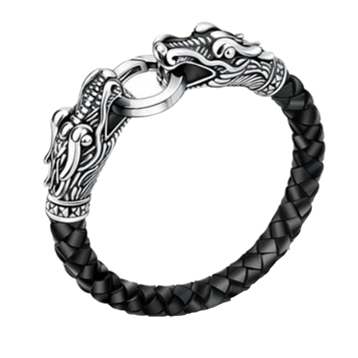 Biker Punk Lion Dragon Leather Stainless Steel Kada Bangle Bracelet
