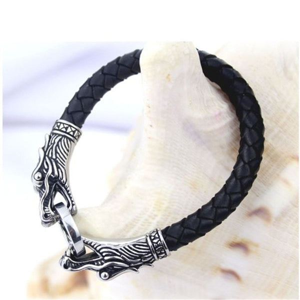 Biker Punk Lion Dragon Leather Stainless Steel Kada Bangle Bracelet Secondary image