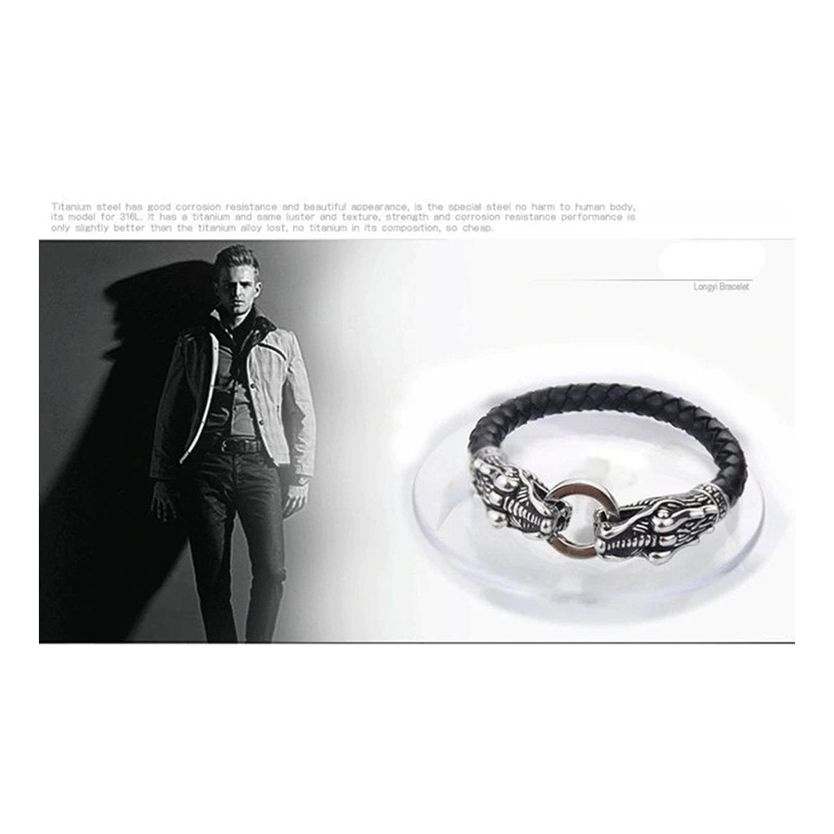 Biker Punk Lion Dragon Leather Stainless Steel Kada Bangle Bracelet