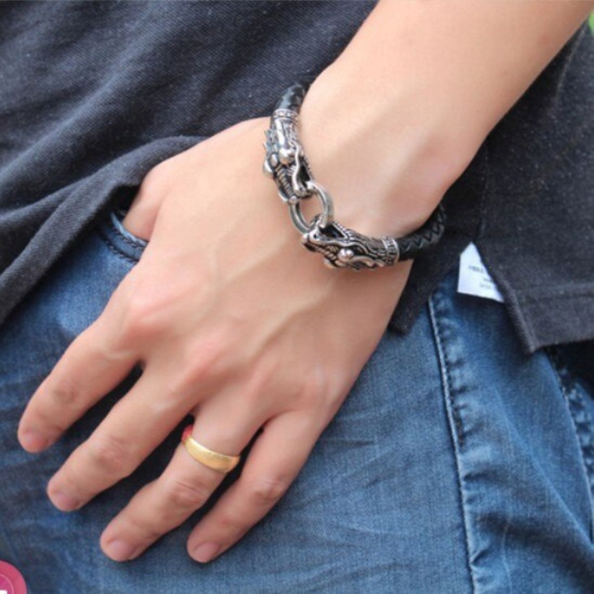 Biker Punk Lion Dragon Leather Stainless Steel Kada Bangle Bracelet Main image