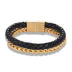 Two Layer Black Gold 316L Stainless Steel Leather Bracelet Men Bulk