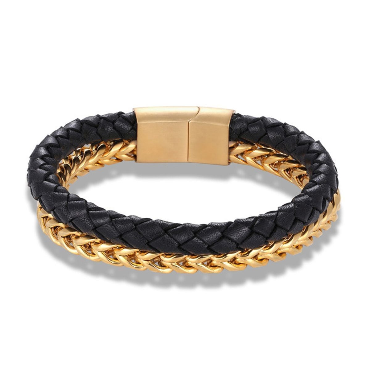 Two Layer Black Gold 316L Stainless Steel Leather Bracelet Men Bulk