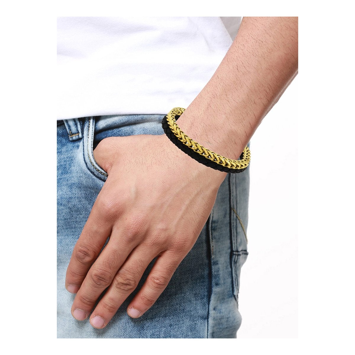 Two Layer Black Gold 316L Stainless Steel Leather Bracelet Men Bulk