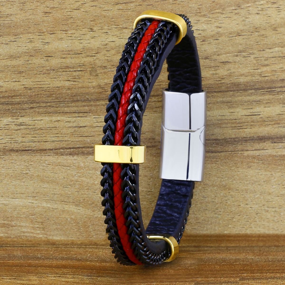 Red Black 316L Stainless Steel Braided Genuine Leather Bracelet Bulk Main image