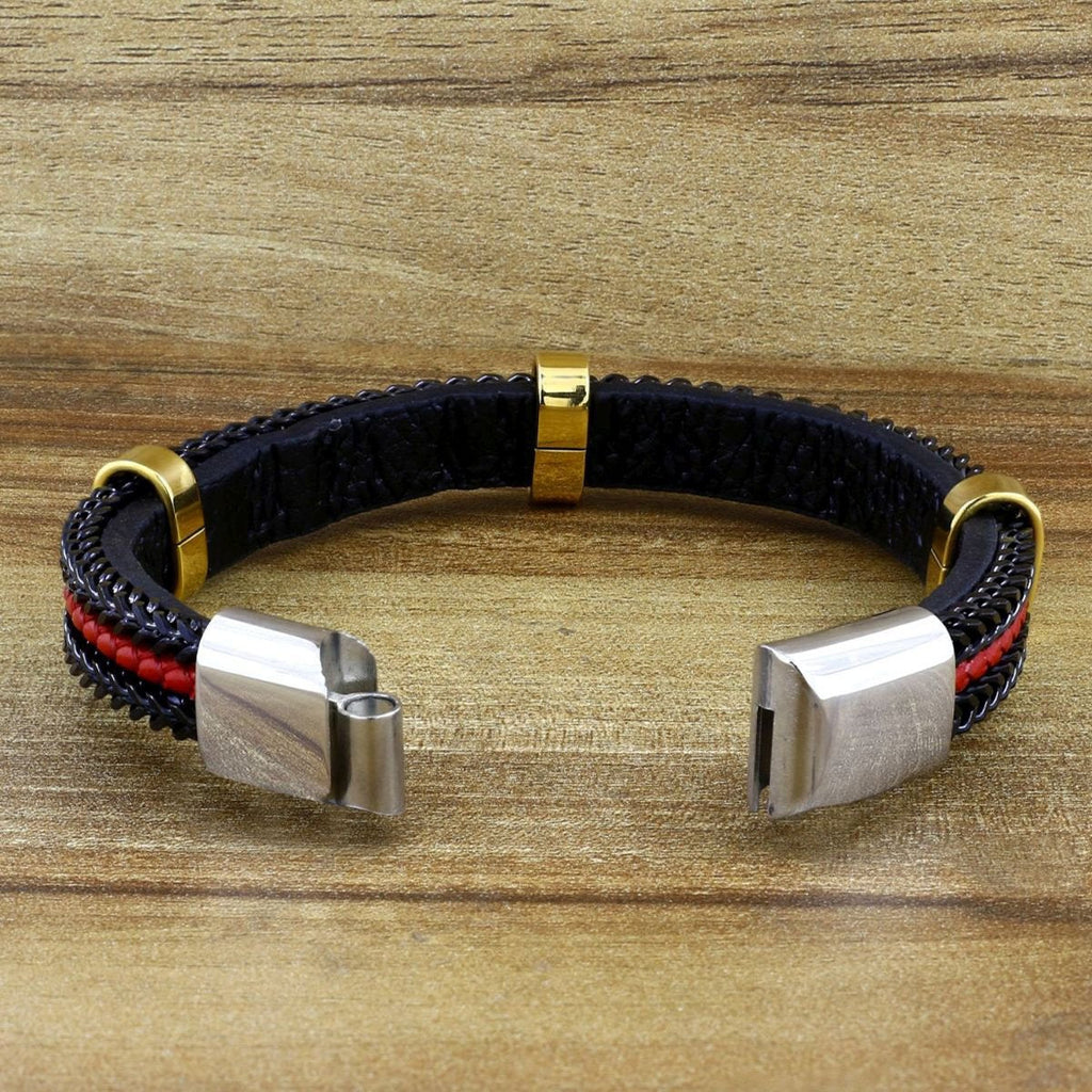 Red Black 316L Stainless Steel Braided Genuine Leather Bracelet Bulk
