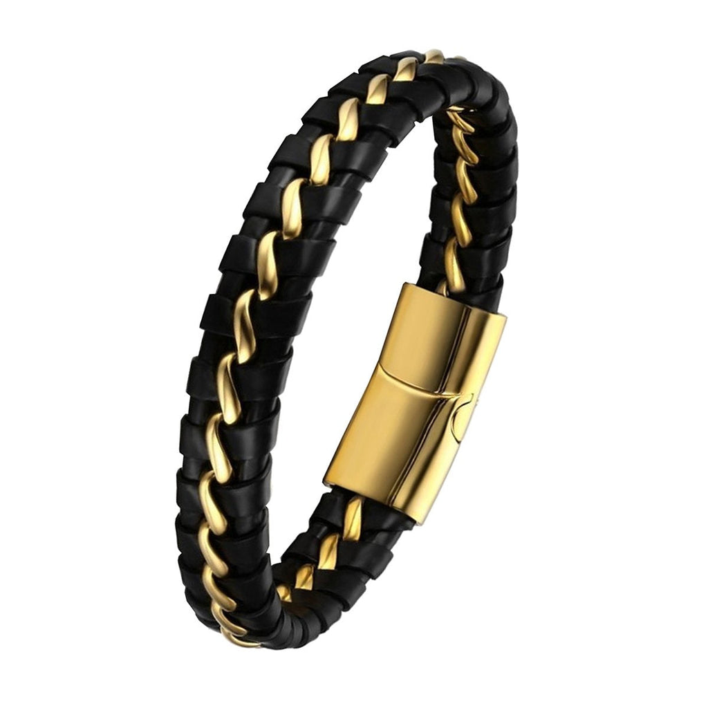 Black Braided Leather Gold Stainless Steel Bracelet For Men Bulk