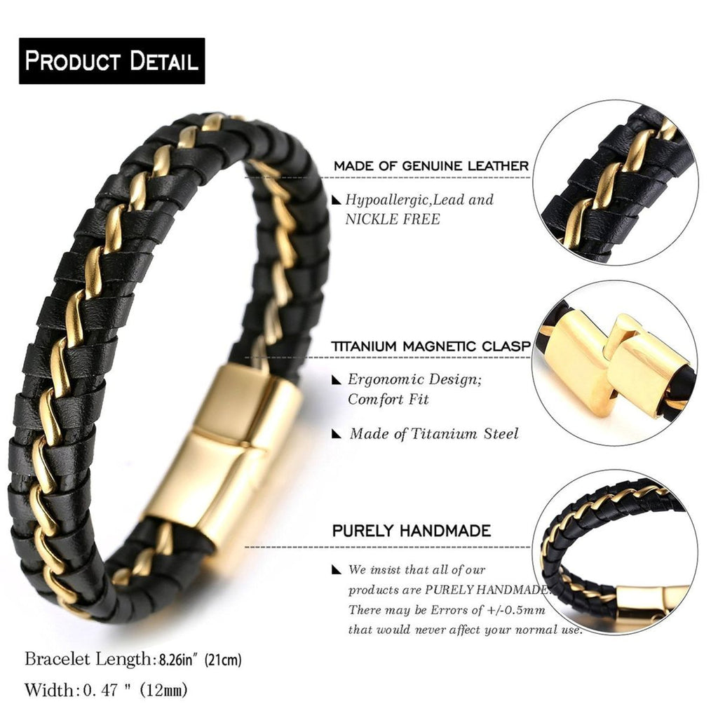 Black Braided Leather Gold Stainless Steel Bracelet For Men Bulk