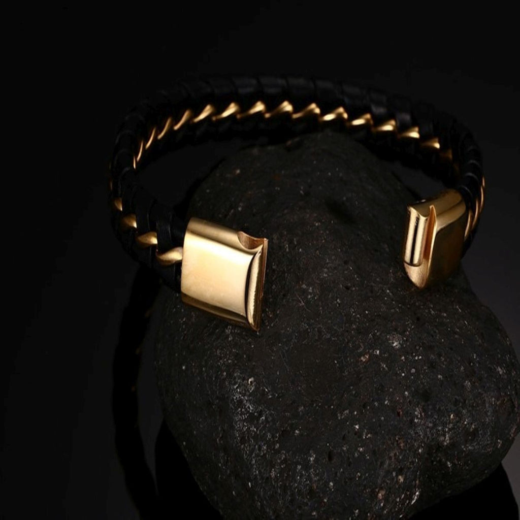 Black Braided Leather Gold Stainless Steel Bracelet For Men Bulk