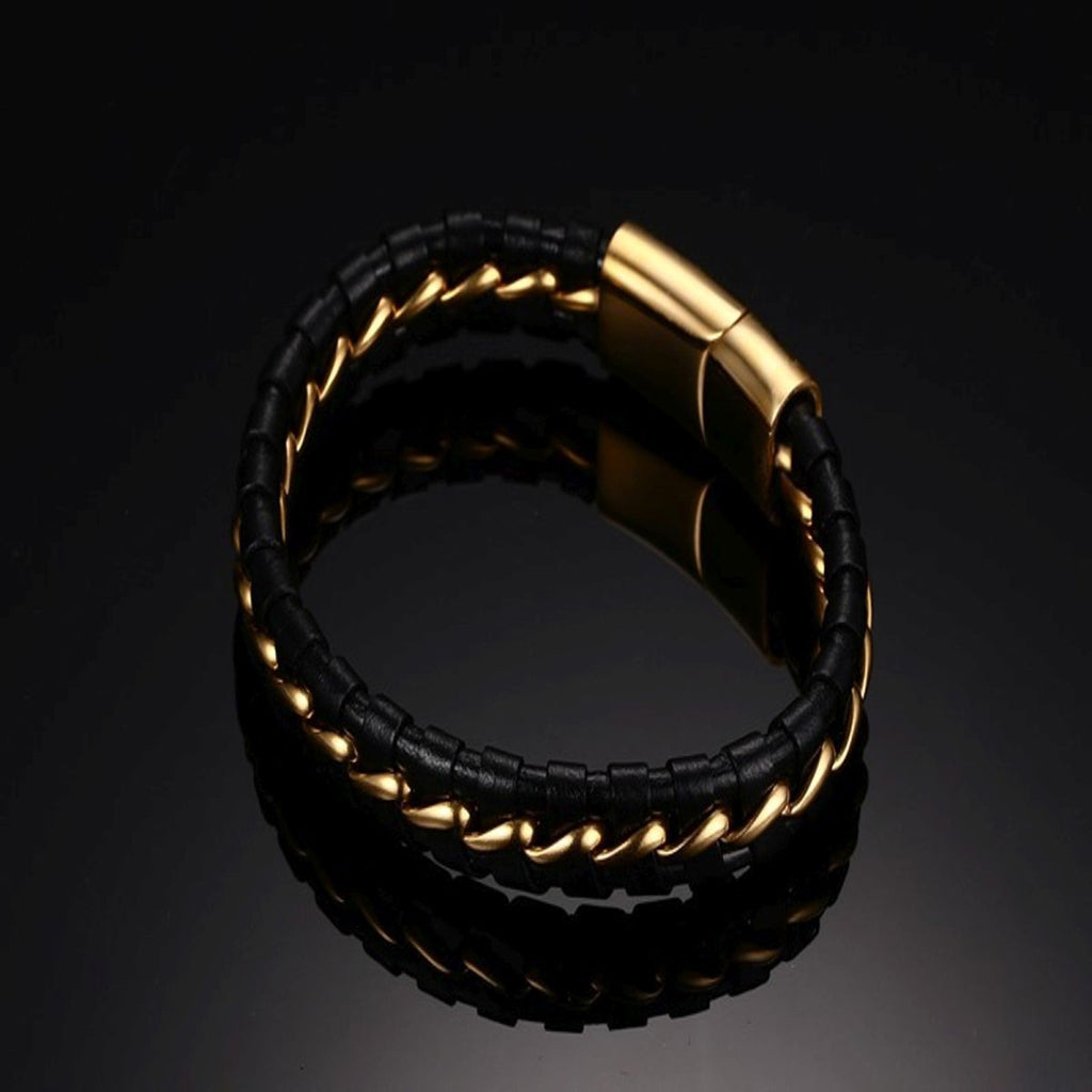 Black Braided Leather Gold Stainless Steel Bracelet For Men Bulk