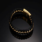 Black Braided Leather Gold Stainless Steel Bracelet For Men Bulk