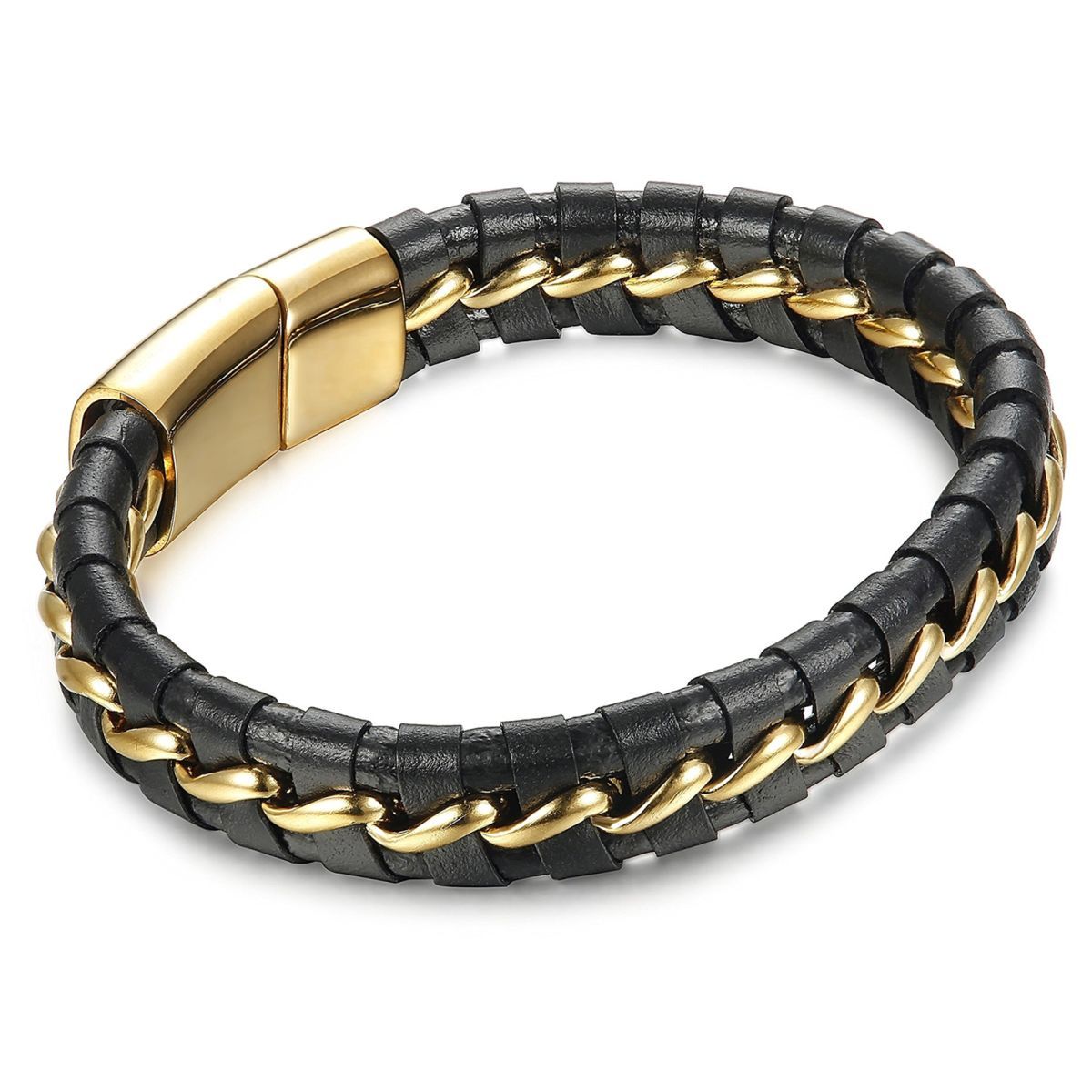 Black Braided Leather Gold Stainless Steel Bracelet For Men Bulk