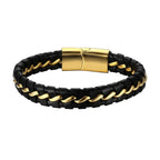 Black Braided Leather Gold Stainless Steel Bracelet For Men Bulk