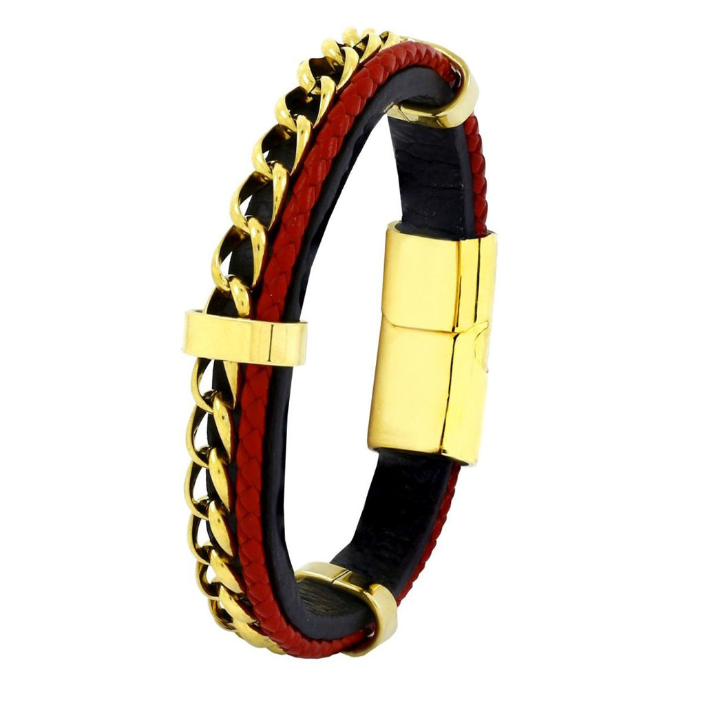 Red Black Stainless Steel Curb Genuine Leather Wrist Bracelet Bulk