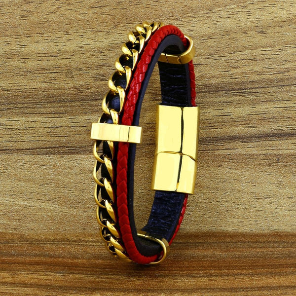 Red Black Stainless Steel Curb Genuine Leather Wrist Bracelet Bulk Main image