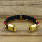 Red Black Stainless Steel Curb Genuine Leather Wrist Bracelet Bulk