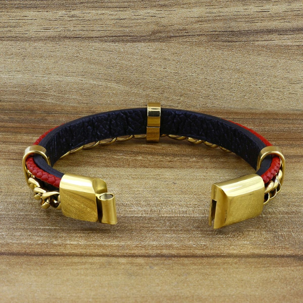 Red Black Stainless Steel Curb Genuine Leather Wrist Bracelet Bulk