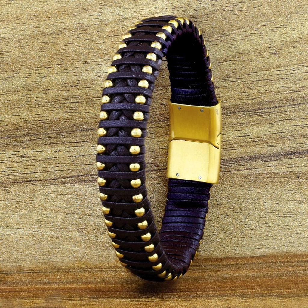 Brown Handcrafted Leather Stainless Steel Wrist Wrap Bracelet Bulk