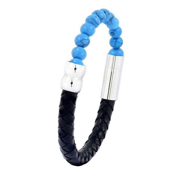 Blue Turquoise Beads Black Leather Stainless Steel Bracelet Men Bulk Secondary image