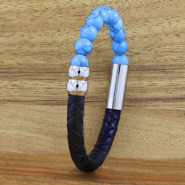 Blue Turquoise Beads Black Leather Stainless Steel Bracelet Men Bulk Main image
