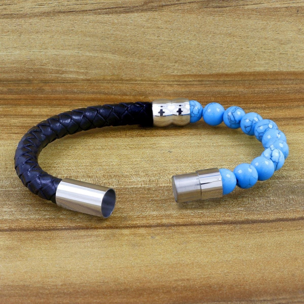 Blue Turquoise Beads Black Leather Stainless Steel Bracelet Men Bulk