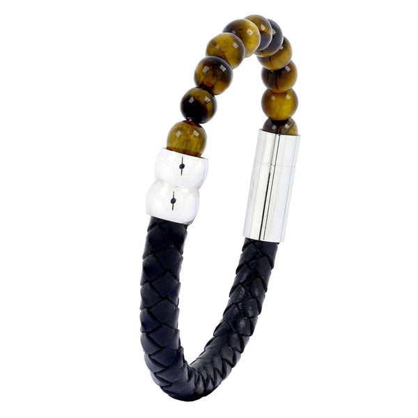 Brown Tigers Eye Beads Black Leather Stainless Steel Bracelet Men Bulk Secondary image