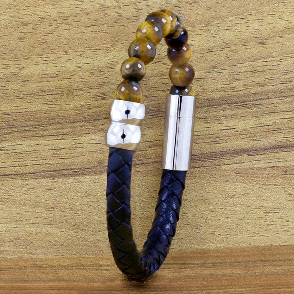 Brown Tigers Eye Beads Black Leather Stainless Steel Bracelet Men Bulk Main image