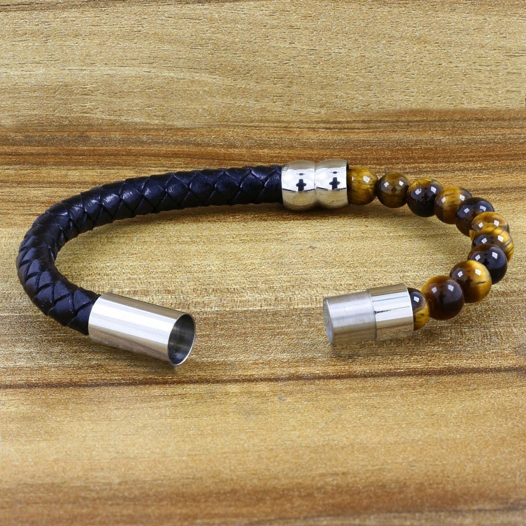 Brown Tigers Eye Beads Black Leather Stainless Steel Bracelet Men Bulk