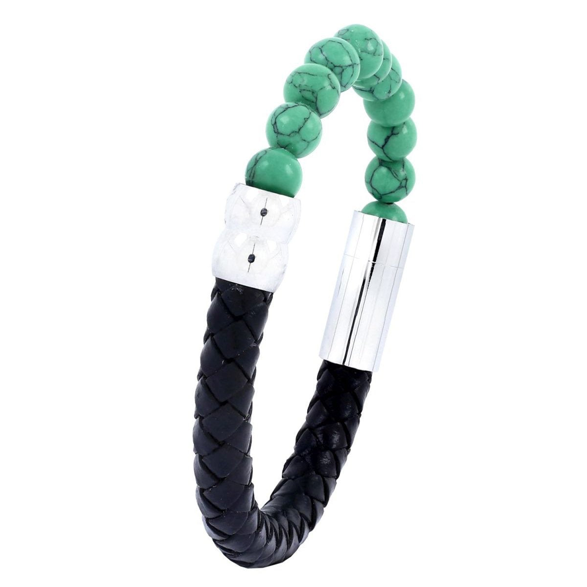 Green Turquoise Beads Black Leather Stainless Steel Bracelet Men Bulk