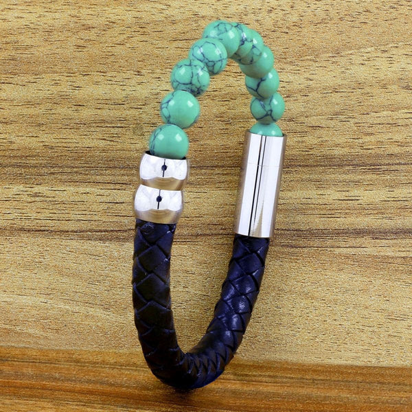 Green Turquoise Beads Black Leather Stainless Steel Bracelet Men Bulk Main image