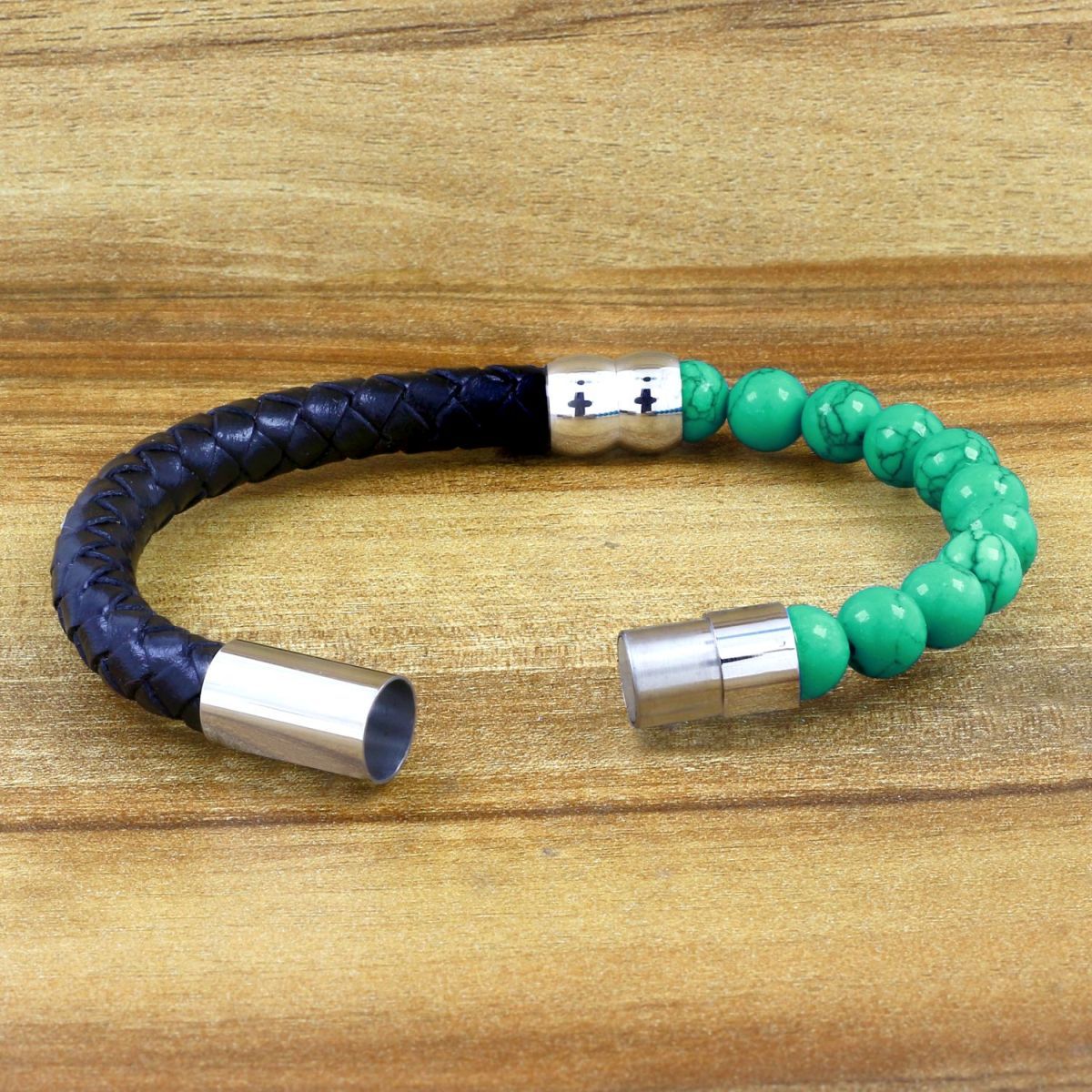 Green Turquoise Beads Black Leather Stainless Steel Bracelet Men Bulk