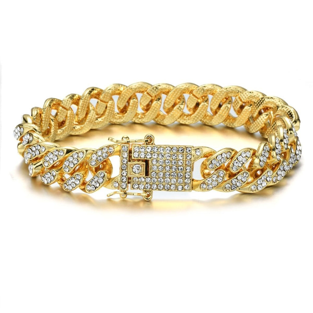 Hip Hop Iced Out Curb Cuban Cubic Zirconia Chunky Gold Bracelet Bulk