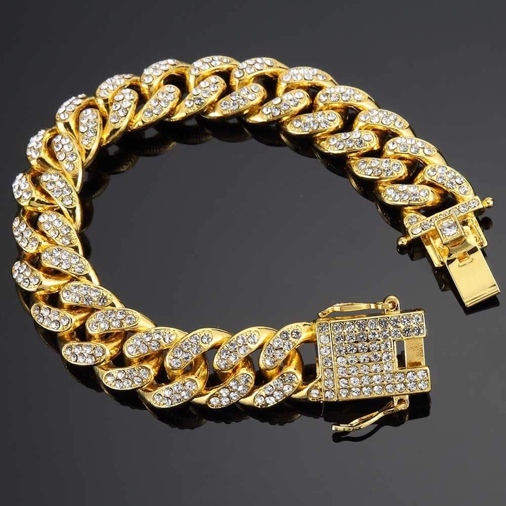 Hip Hop Iced Out Curb Cuban Cubic Zirconia Chunky Gold Bracelet Bulk