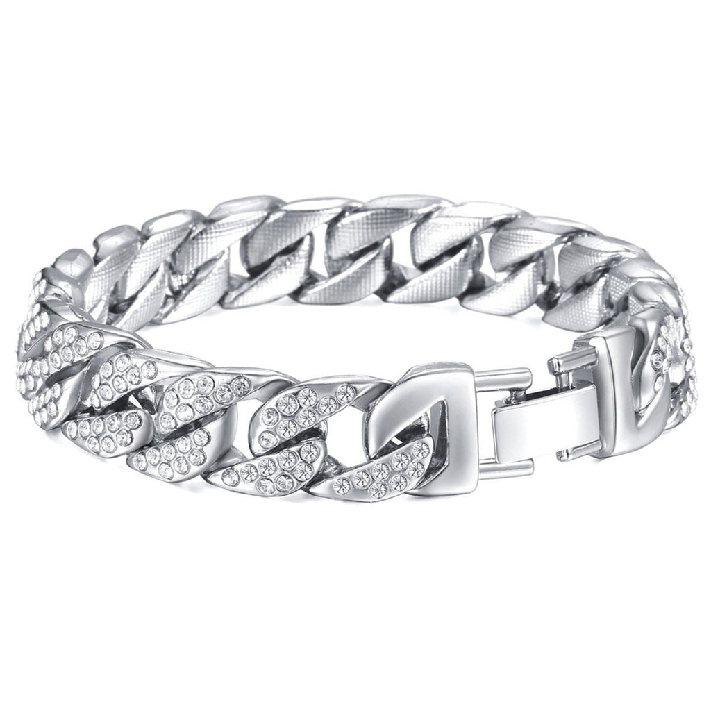 Hip Hop Iced Out Cuban Curb Rhinestone CZ Silver Bracelet Bulk