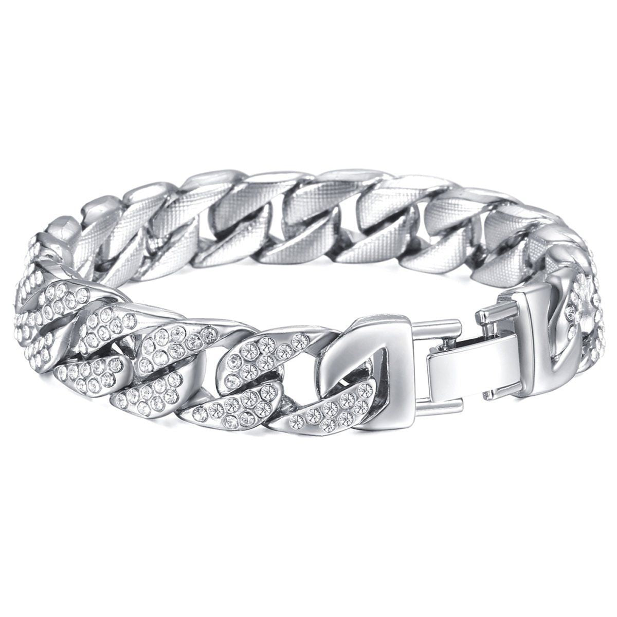 Hip Hop Iced Out Cuban Curb Rhinestone CZ Silver Bracelet Bulk