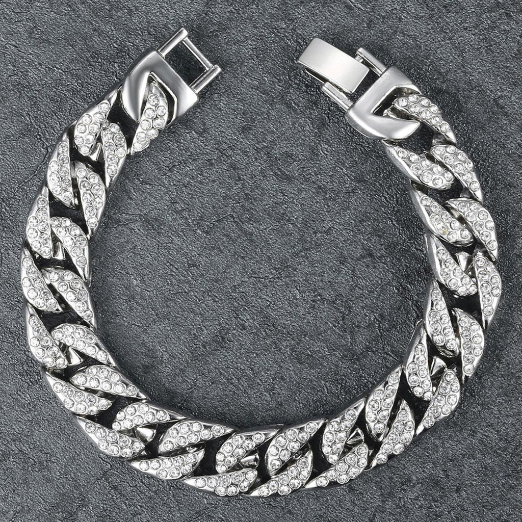 Hip Hop Iced Out Cuban Curb Rhinestone CZ Silver Bracelet Bulk