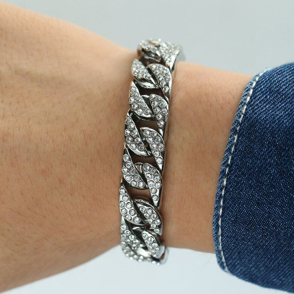 Hip Hop Iced Out Cuban Curb Rhinestone CZ Silver Bracelet Bulk