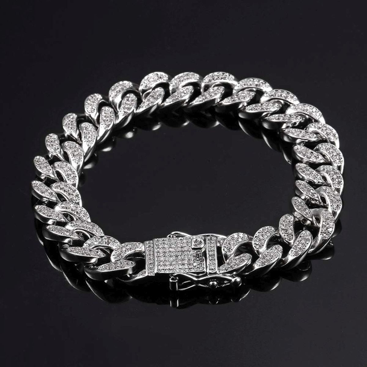 Hip Hop Iced Out Curb Cuban Cubic Zirconia Chunky Silver Bracelet Bulk